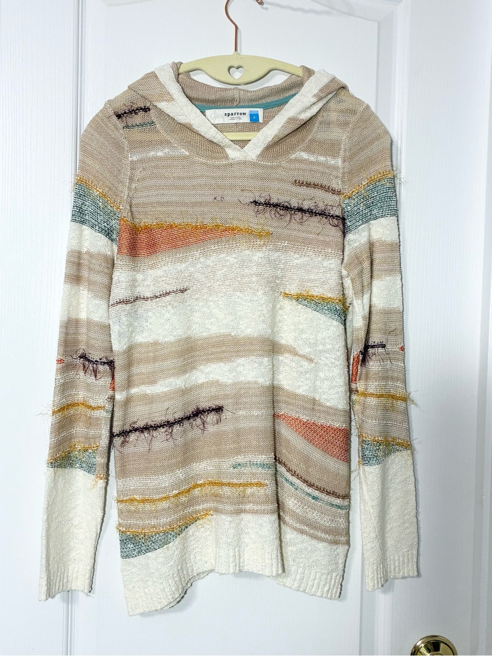 Anthro Sparrow Hooded Open Knit Textured Yarn Accent Sweater Size Small